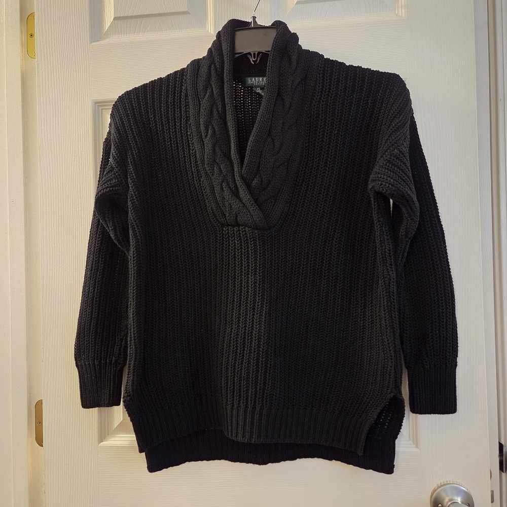 Ralph Lauren sz PS black chunky knit pullover sweater cable knit classic chic
